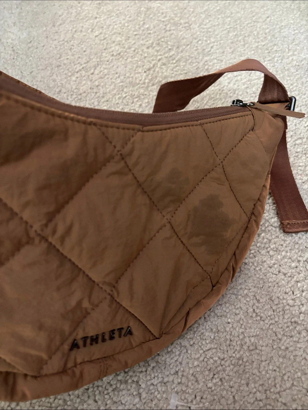 Athleta Quilted Crescent Crossbody in Rust Brown